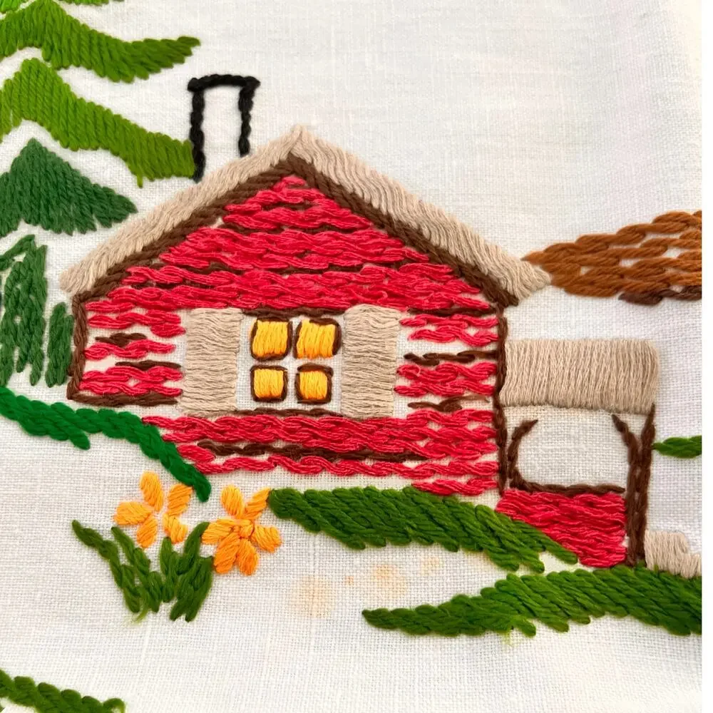 Vintage Handmade Table Runner Embroidered Cabin Rustic Farmhouse Crochet